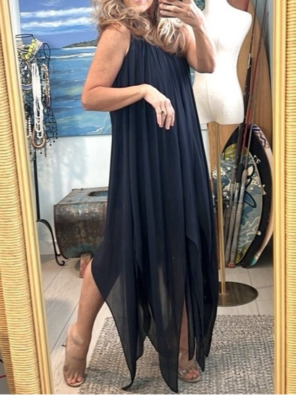 Michael Kors Navy Black Handkerchief-Hem Maxi Dress